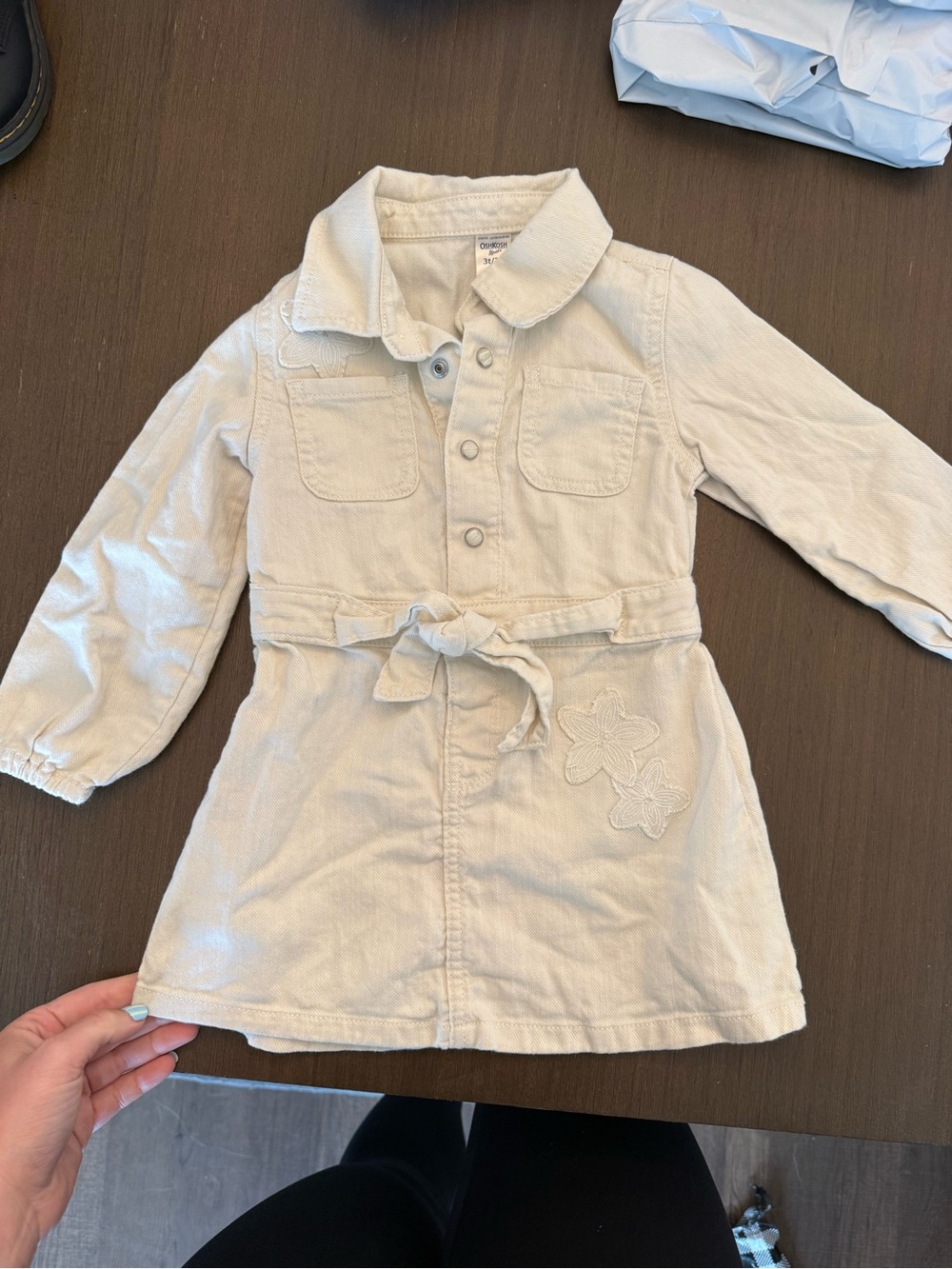 OshKosh B'gosh Cream Tie-Waist Long-Sleeve Dress with Floral Applique